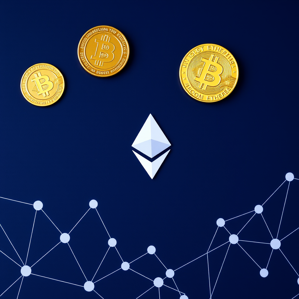 Концептуальное изображение криптовалют с символами Bitcoin, Ethereum и блокчейн-сети на темно-синем фоне