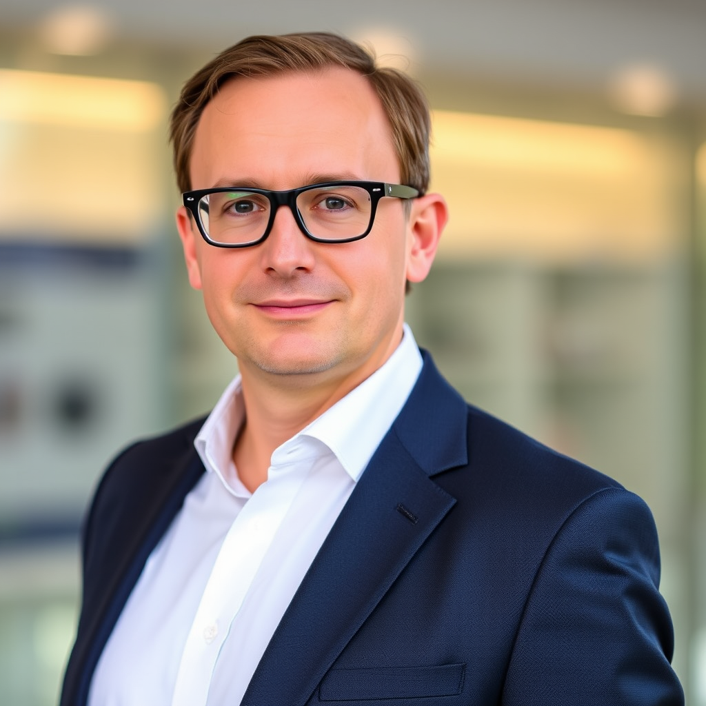 Томас Мюллер - эксперт по фундаментальному анализу компаний STOXX Europe 600, профессиональное фото опытного аналитика в деловом костюме с очками
